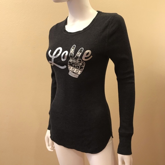 Old Navy Long Sleeve Thermal Top Womens Medium Love Peace Mitten Charcoal Grey - Picture 7 of 13